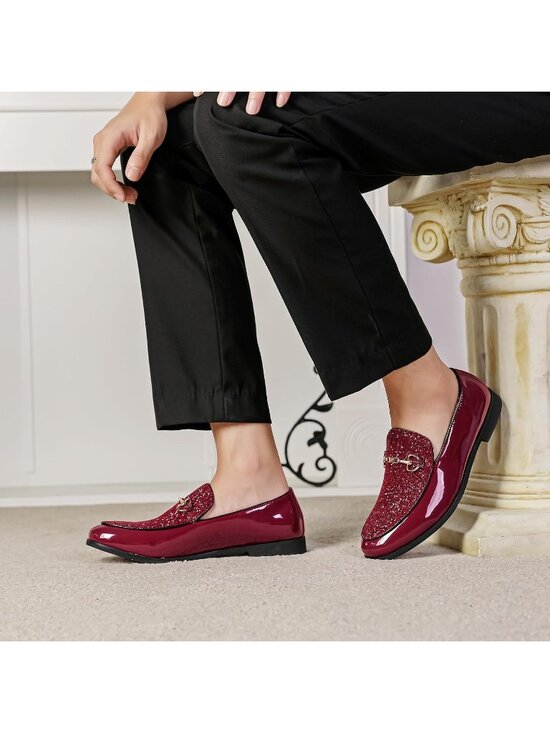 Men\'s Red Rubber Sole Leather Sparkly Sequins Loafers Gold Buckle Party Shoes